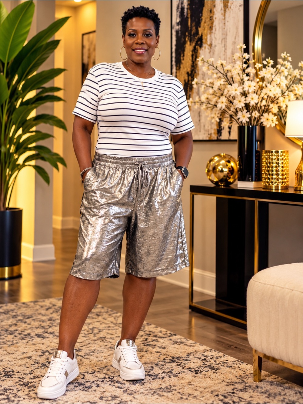 Metallic Silver Drawstring Bermuda Shorts for Women